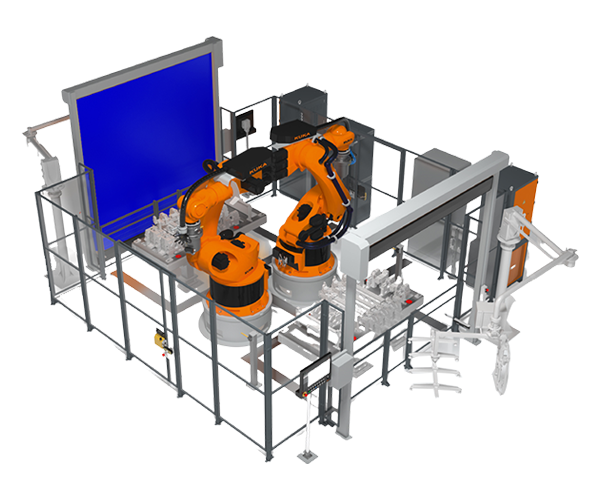 An illustrated two-robot cell with perimeter guarding and a blue access opening.