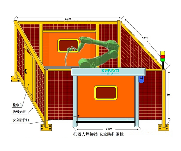 A dimensioned example of a small guarded robotic welding station with an orange door.