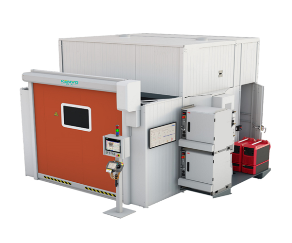 A rendering of an enclosed welding cell with an orange front closure and side equipment.