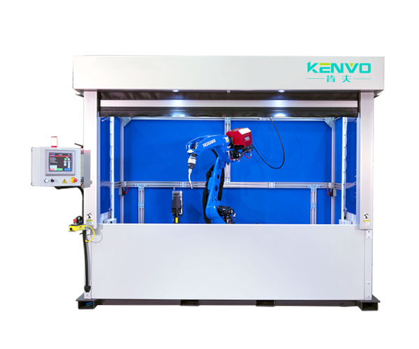 A blue-screen robotic welding station with a local control panel.