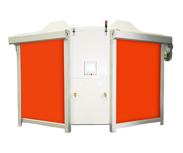 A dual-opening orange-door rendering with a central operator-control area.