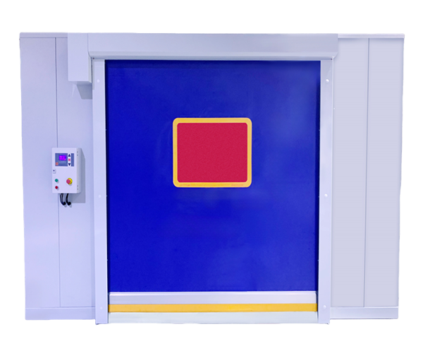 A blue rolling curtain with a central viewing panel and side control box.