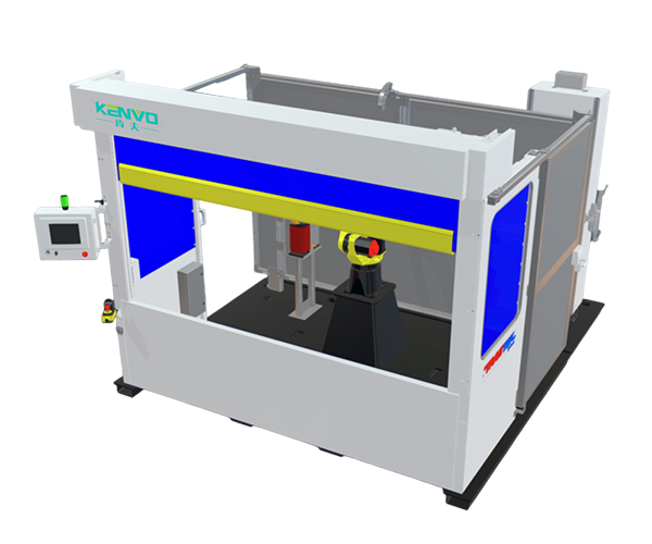 An illustrated compact cell with blue side panels and a rolling front opening.
