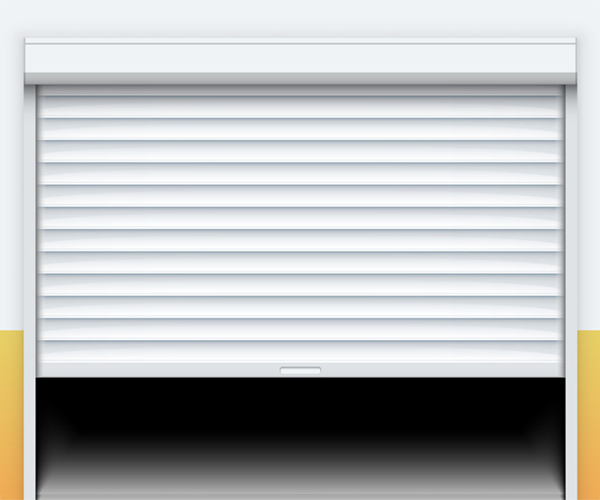 A front-view illustration of a partly raised aluminum rolling door.